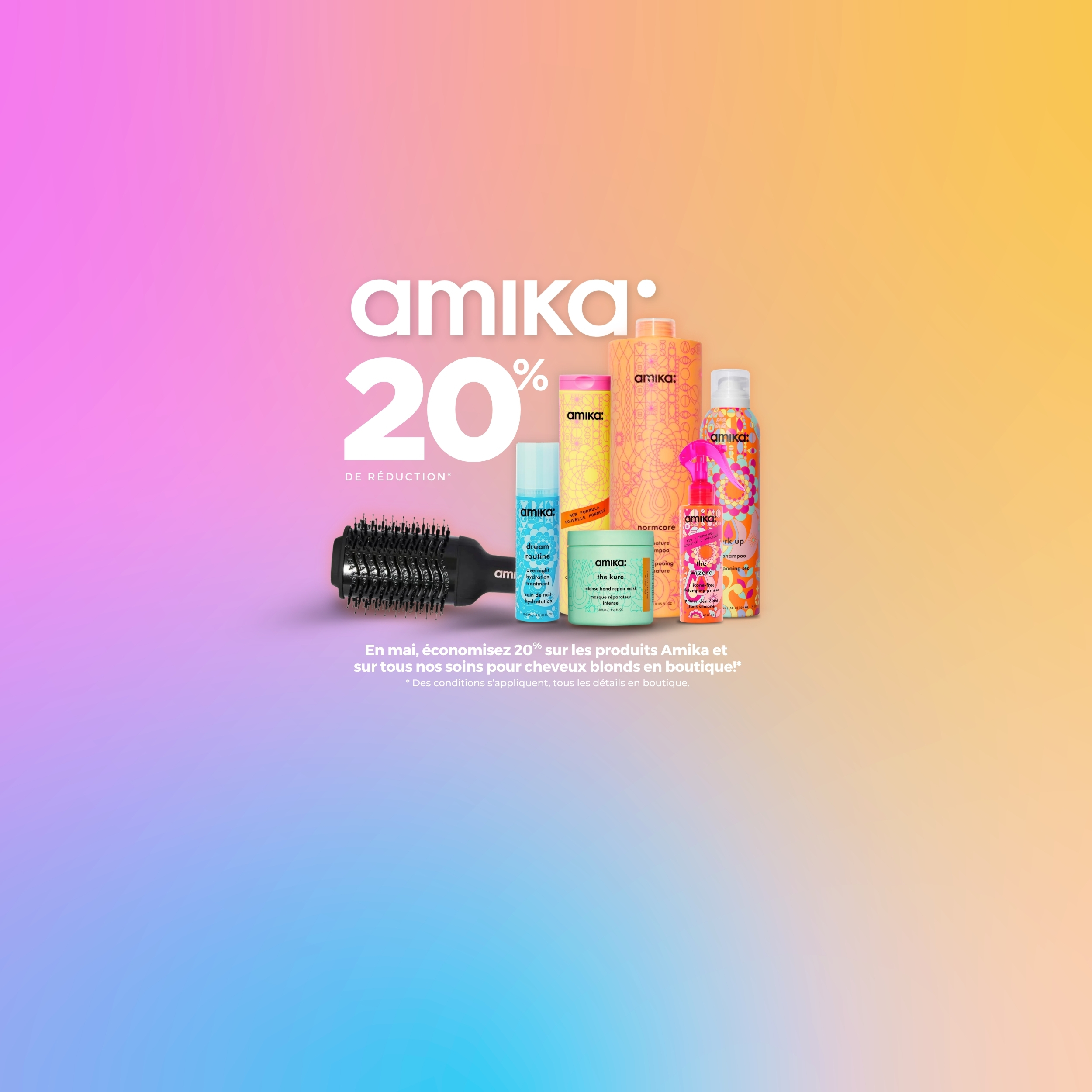 Produits capillaires Amika sur fond coloré